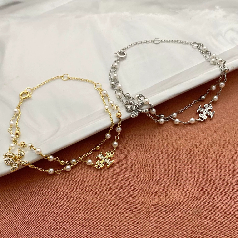 Tory Burch Diamond Flower Letter Shape Double Layer Pearl Bracelet